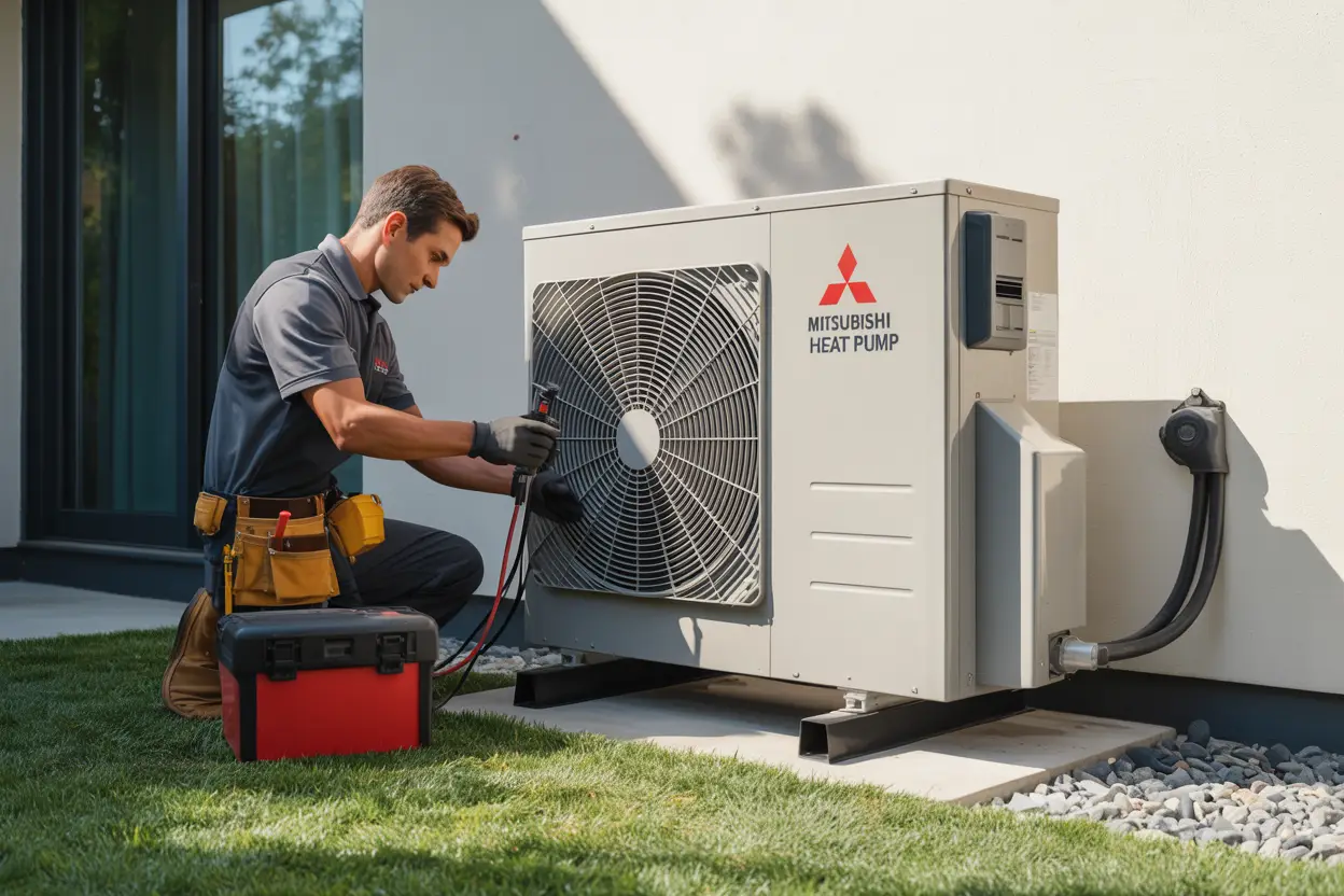 A technician in uniform servicing a Mitsubishi heat pump unit outside a modern home, with tools visible and unit and house wall details partially in view.