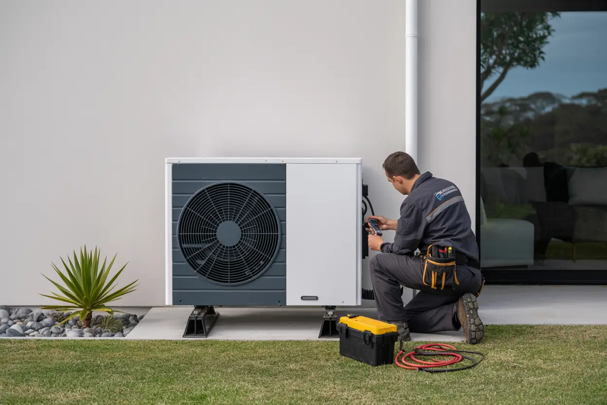 A heat pump unit installed on the exterior wall of a contemporary home in Moncks Bay, Christchurch, with a technician actively servicing the unit using tools placed nearby.