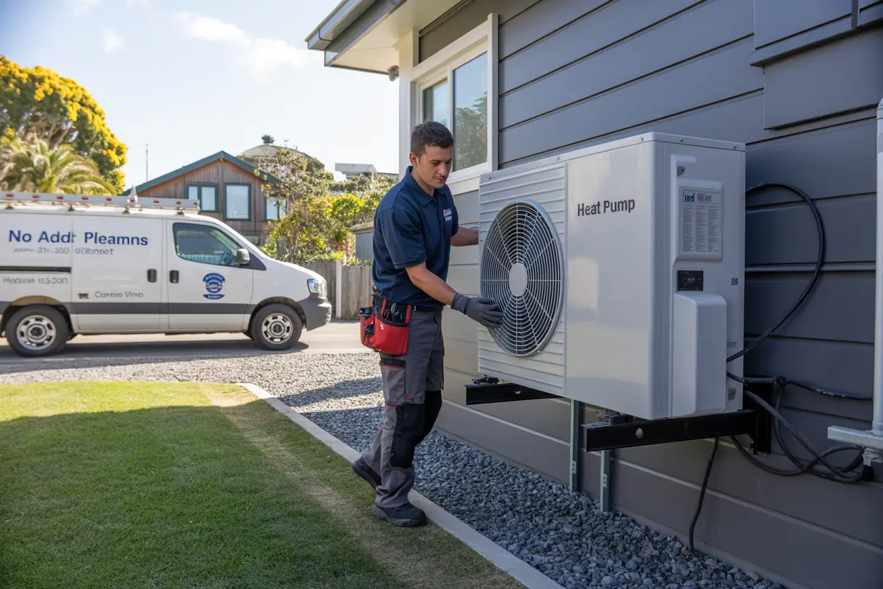 A technician installs a heat pump unit on the exterior wall of a residential home in Mount Pleasant, Christchurch, with a service van parked nearby, captured in a realistic style.