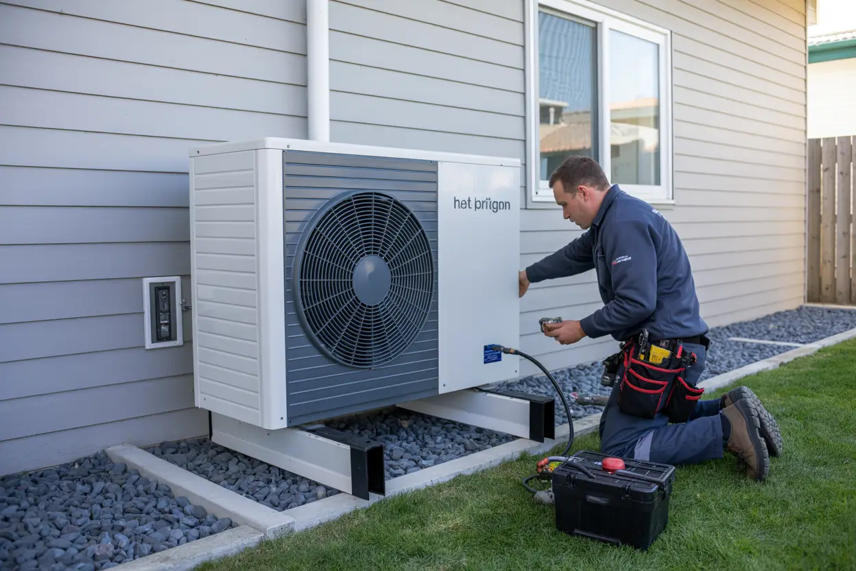 A technician installing a heat pump outside a suburban home in North New Brighton, Christchurch, with tools and equipment neatly arranged nearby.