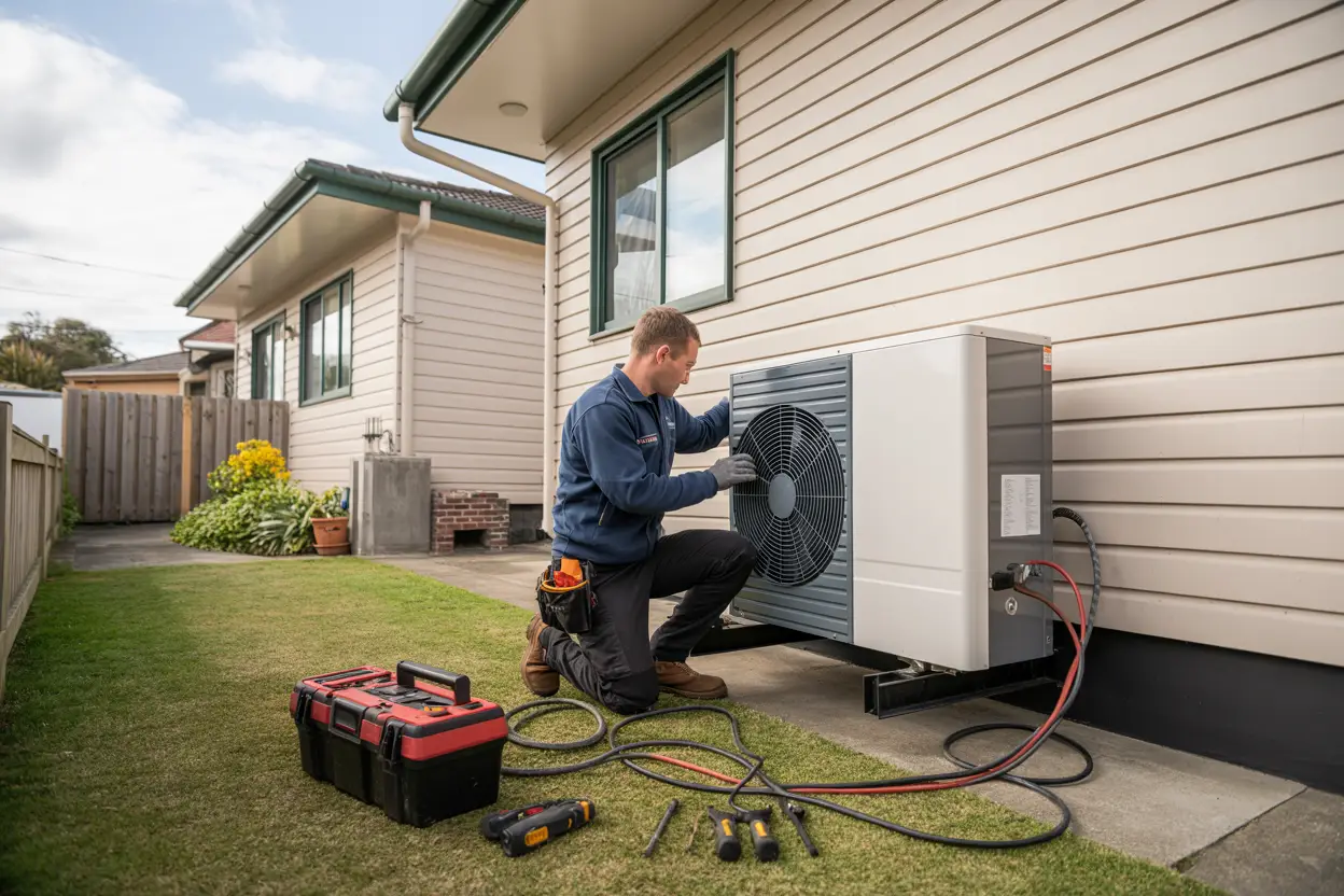 A technician installing a heat pump on the exterior wall of a house in a suburban Christchurch neighborhood, with tools placed neatly on the ground nearby.