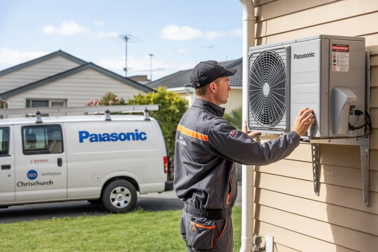 A technician in uniform checks a wall-mounted Panasonic heat pump, with a service van parked outside a suburban Christchurch home.