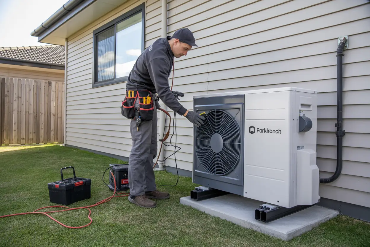 A technician installing a heat pump unit on the exterior wall of a suburban home in Parklands, Christchurch, with tools and equipment placed nearby; realistic style, no added text on vehicles, equipment, or uniforms.