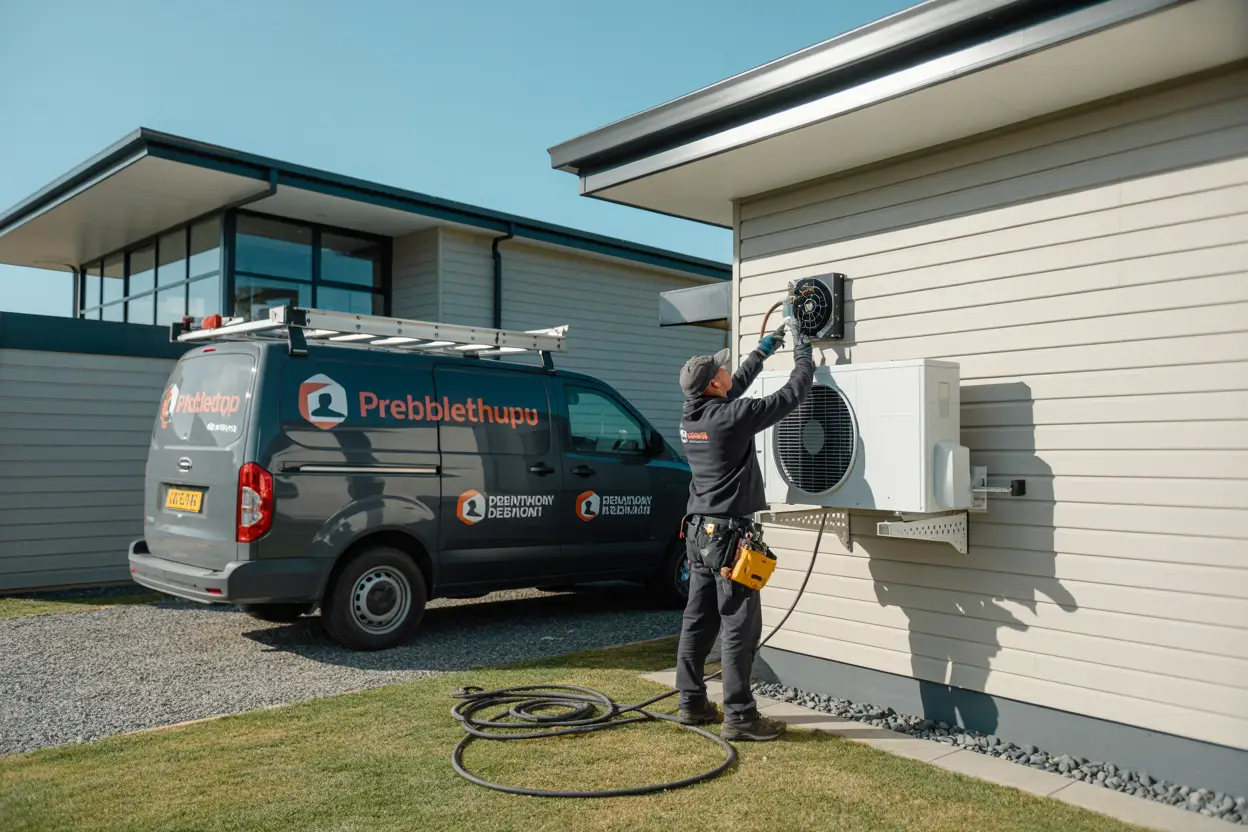 A technician installing a heat pump on the exterior wall of a modern home in Prebbleton, Christchurch, with a service van parked nearby.