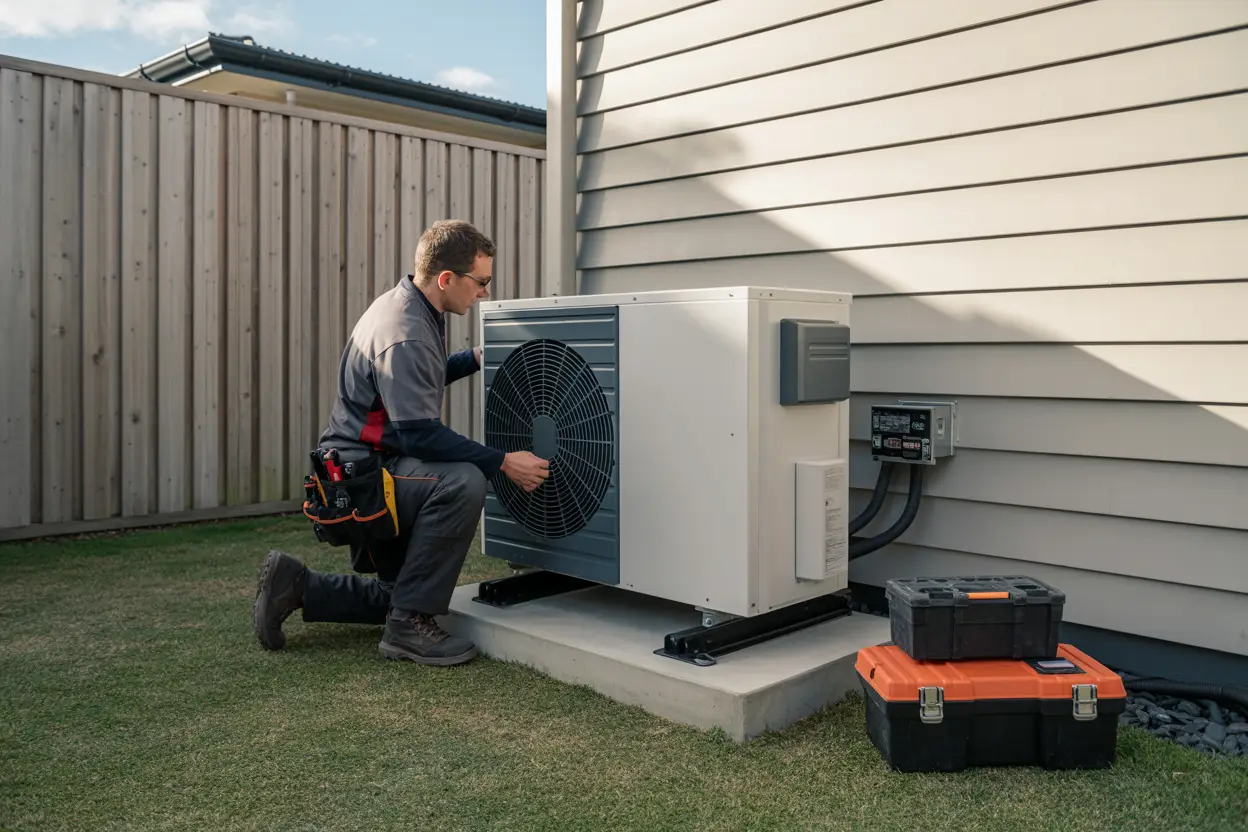 A technician installs a heat pump unit on the exterior wall of a house in Queenspark, Christchurch, with a toolbox placed on the ground nearby.