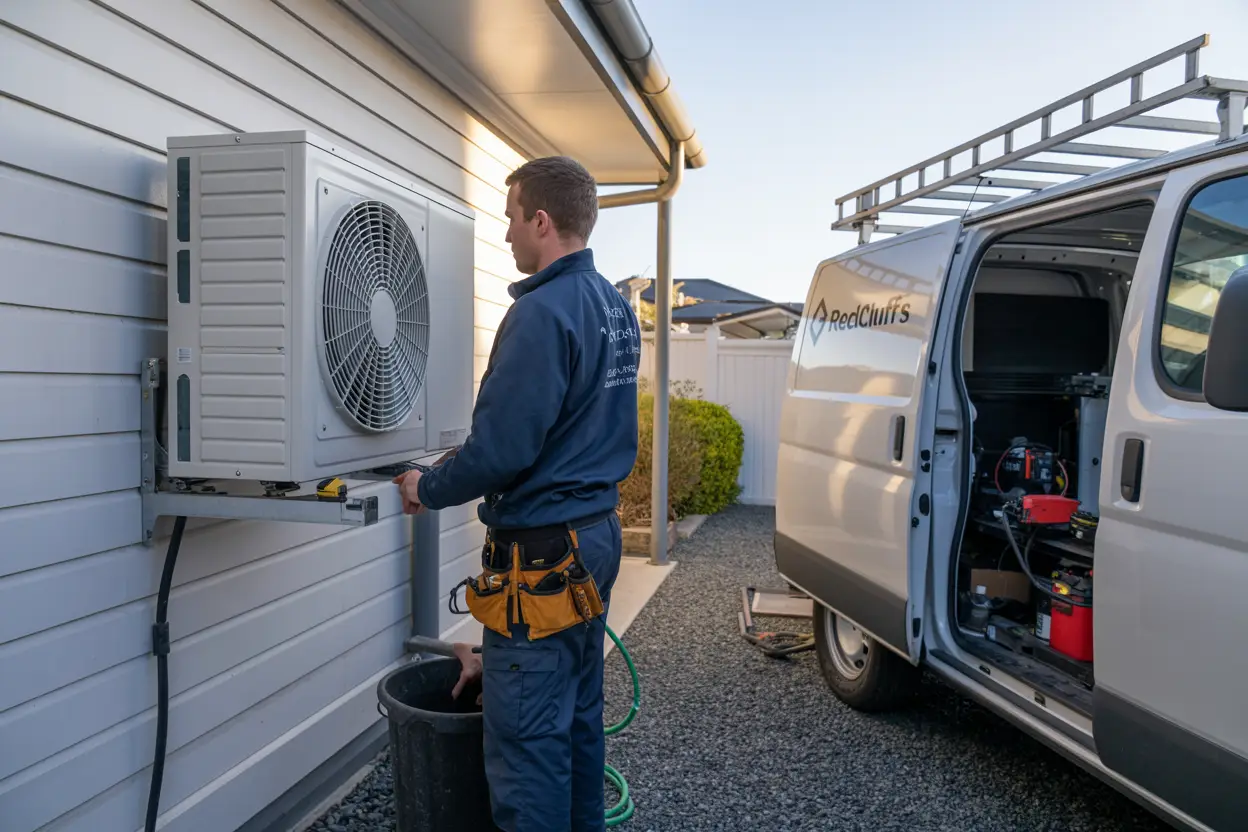 A technician installing a heat pump on the exterior wall of a house in Redcliffs, Christchurch, with a van carrying tools parked nearby.