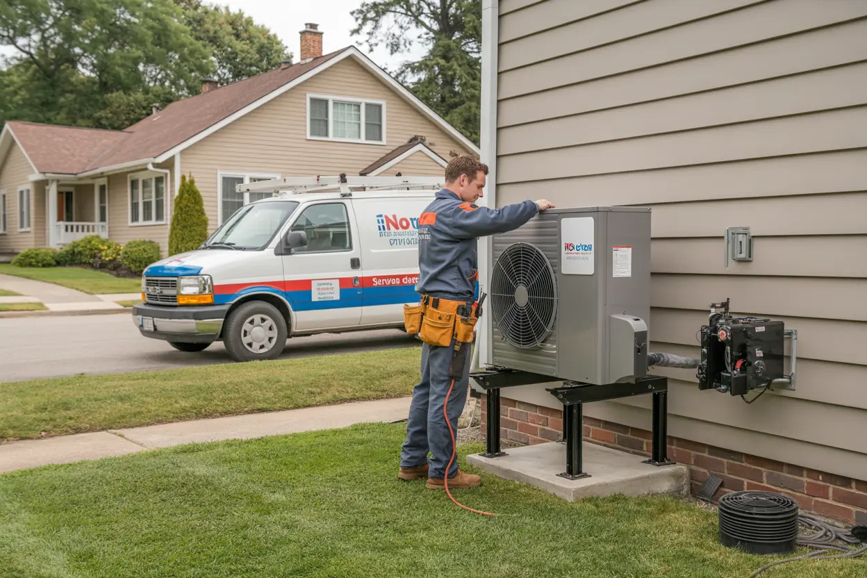 A technician installing a heat pump on the exterior wall of a house in a suburban neighborhood, with a service van parked nearby.