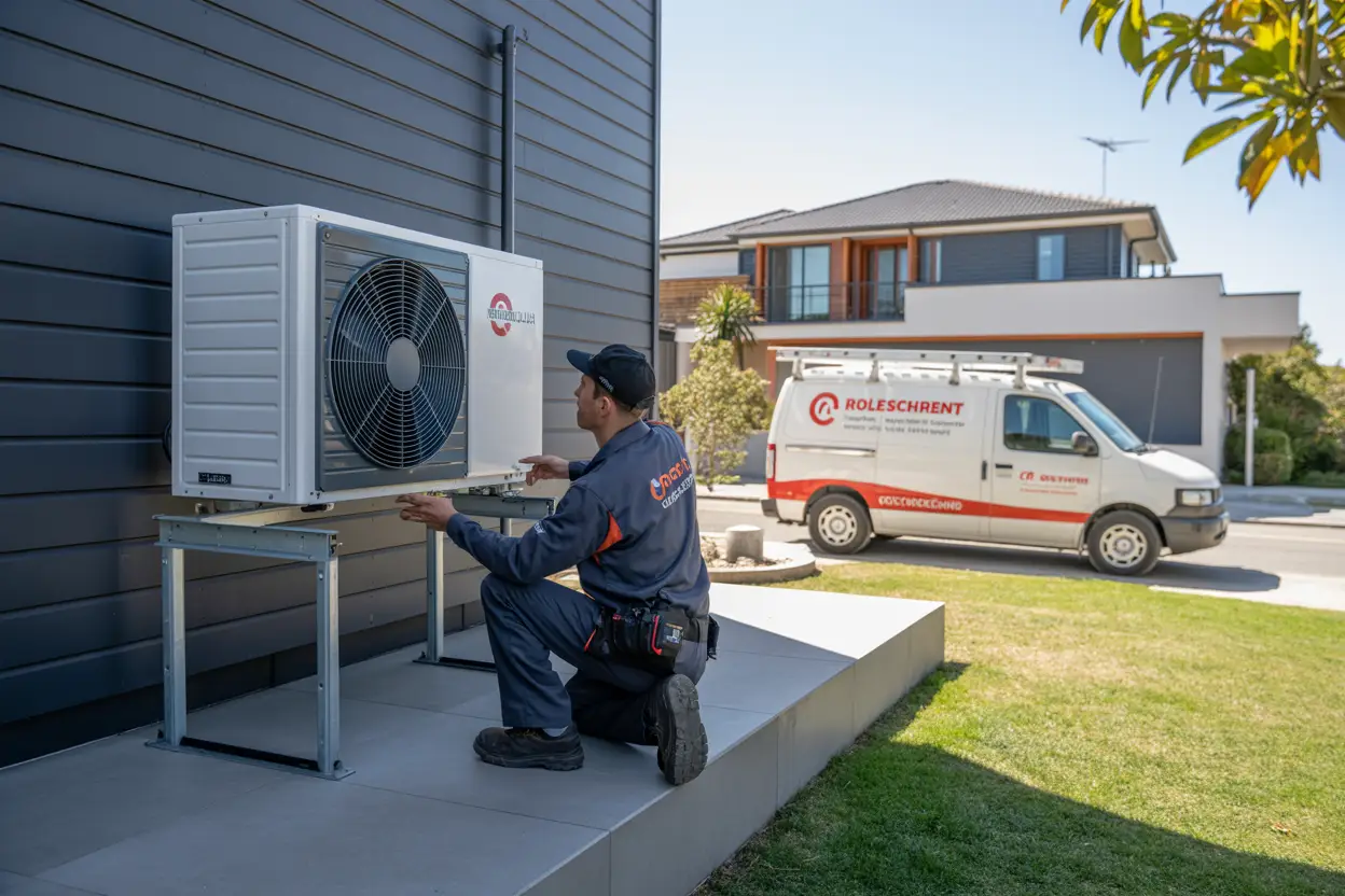 A technician installing a heat pump unit on the exterior wall of a modern house; a service van is parked nearby on a quiet residential street in Rolleston, Christchurch.