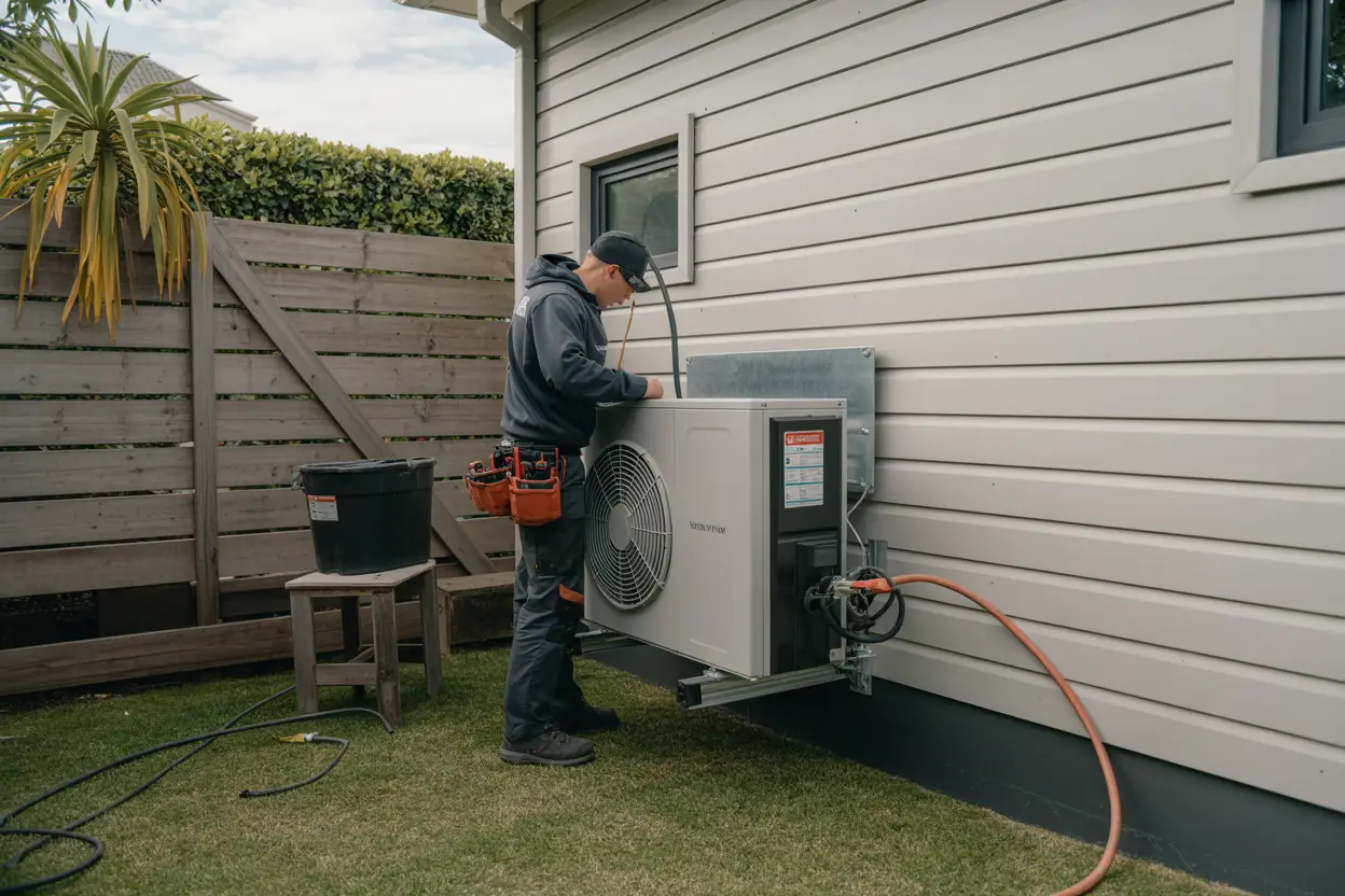 A technician installing a heat pump on the exterior wall of a house in suburban Shirley, Christchurch, with tools and equipment visible nearby.
