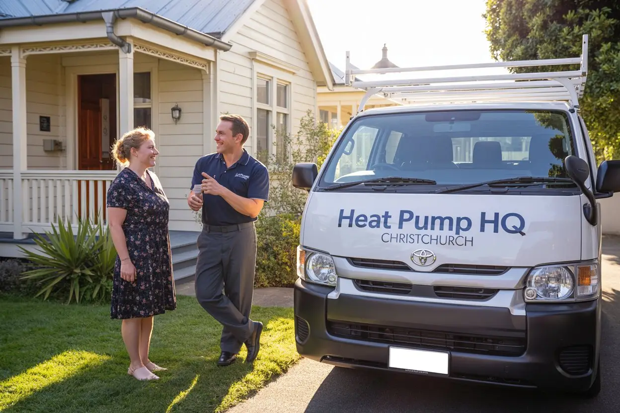 A photograph of a friendly technician in a navy uniform, smiling and gesturing towards a homeowner standing on the front porch of a quaint Christchurch home. The homeowner is wearing a floral dress and appears to be listening intently. Behind them, a white Toyota Hiace van is parked on the driveway, clearly displaying "Heat Pump HQ" in dark blue lettering alongside "Christchurch" underneath, creating a sense of professionalism and local service. Soft sunlight illuminates the scene, casting gentle shadows across the lawn and enhancing the welcoming atmosphere.
