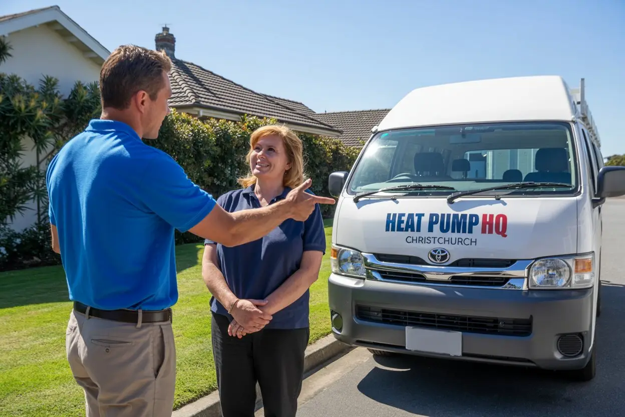 A photograph captures a friendly conversation between a uniformed HVAC technician and a homeowner in front of a tidy Christchurch residence. The technician, wearing a crisp blue polo shirt and khaki pants, gestures towards the house while speaking to the owner, a middle-aged woman with a warm smile. Parked on the street is a gleaming white Toyota Hiace van displaying "Heat Pump HQ" in dark blue lettering, with "Christchurch" printed beneath, bathed in the bright sunlight of a clear day. The scene is framed by a neatly trimmed lawn and a row of flowering shrubs, creating a welcoming and suburban atmosphere.