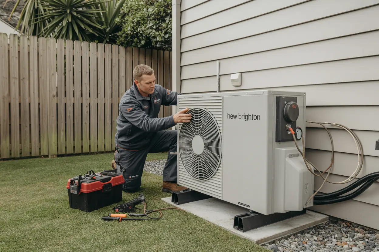 A technician installs a heat pump unit outside a home in South New Brighton, Christchurch. Tools are laid out nearby. The scene is realistic, showing outdoor equipment installation with no added text or branding on uniforms, vehicles, or tools.