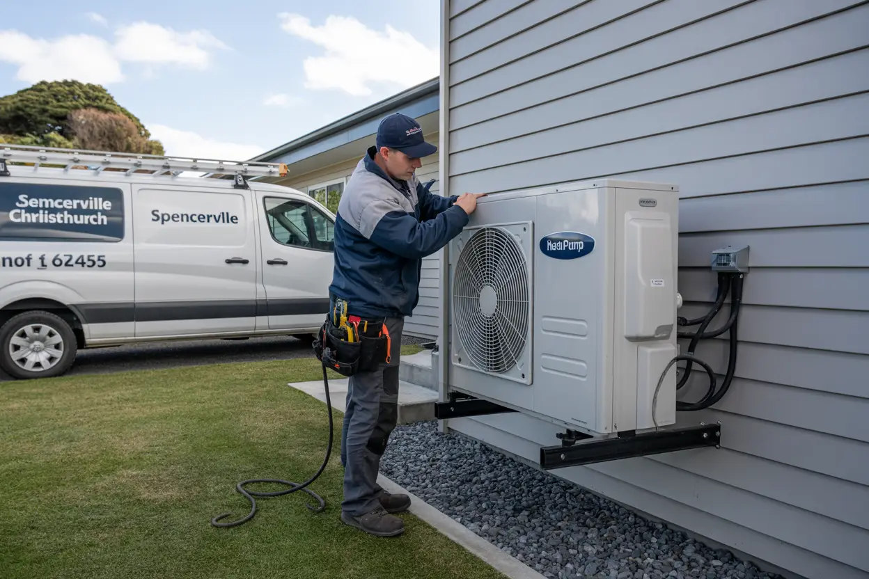 A technician installing a heat pump unit on the exterior wall of a house in Spencerville, Christchurch, with a service van parked nearby. The scene appears realistic and depicts residential HVAC maintenance.