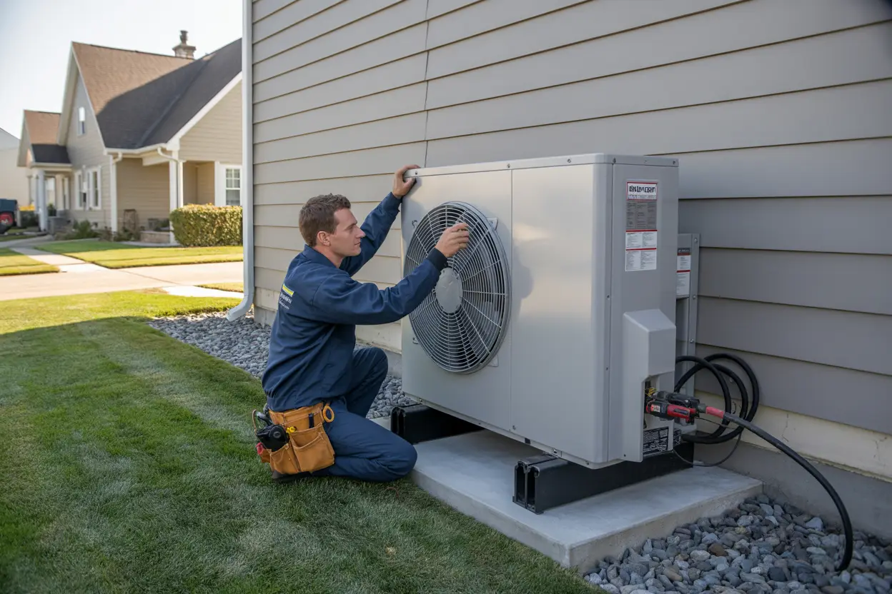 A technician installing a heat pump unit on the exterior wall of a house in a suburban neighborhood, with various tools and equipment visible nearby.