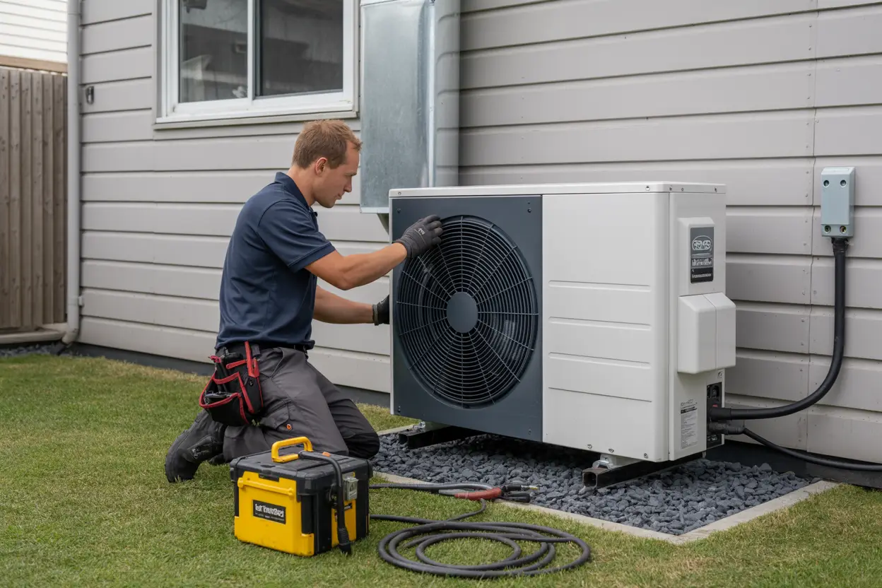 A technician working on a heat pump unit mounted on the exterior wall of a house in Sumner, Christchurch, surrounded by tools in a realistic outdoor setting.