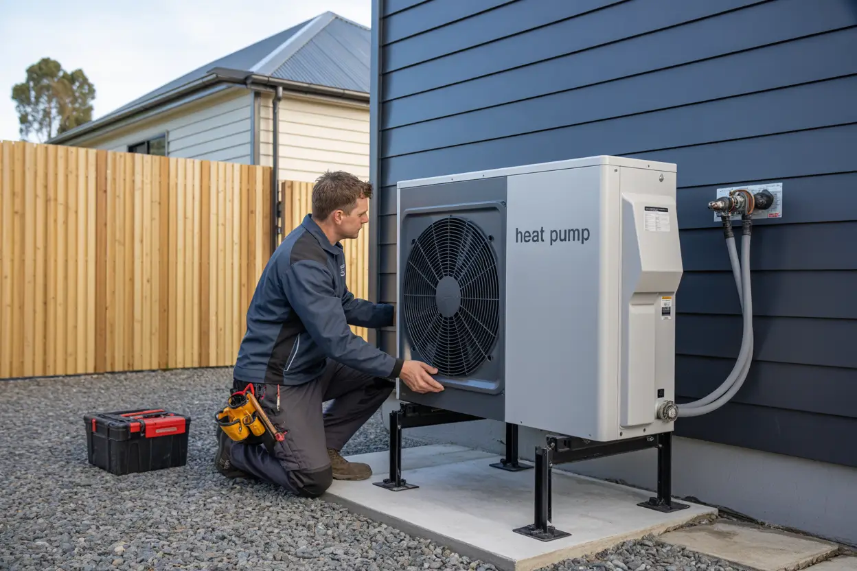 A technician installing a heat pump unit on the exterior wall of a residential home in Tai Tapu, Christchurch, with tools and equipment neatly arranged on the ground nearby, captured in a realistic style.