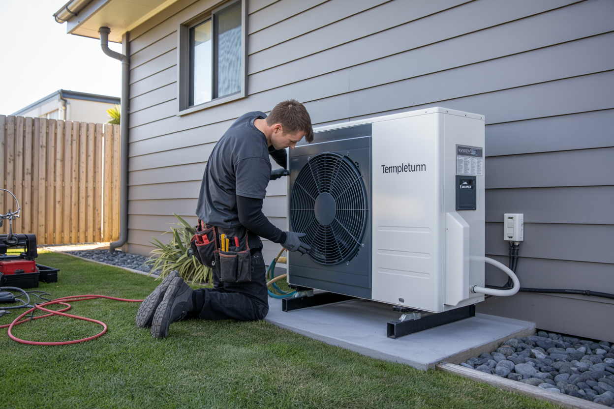 A technician installing a heat pump unit on the exterior wall of a suburban home in Templeton, Christchurch, with tools and equipment visible nearby.