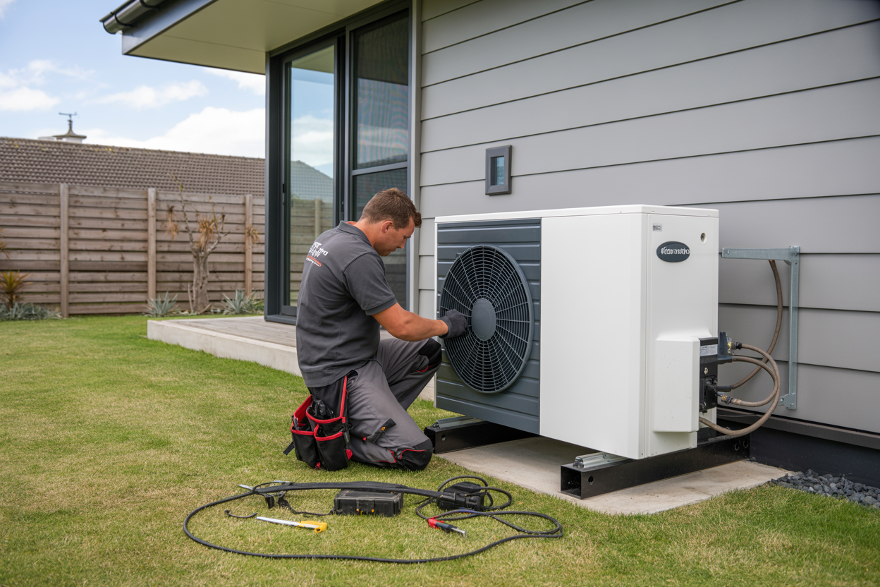 A technician installing a heat pump on the exterior wall of a modern home in Westmorland, Christchurch, with tools and equipment arranged nearby.