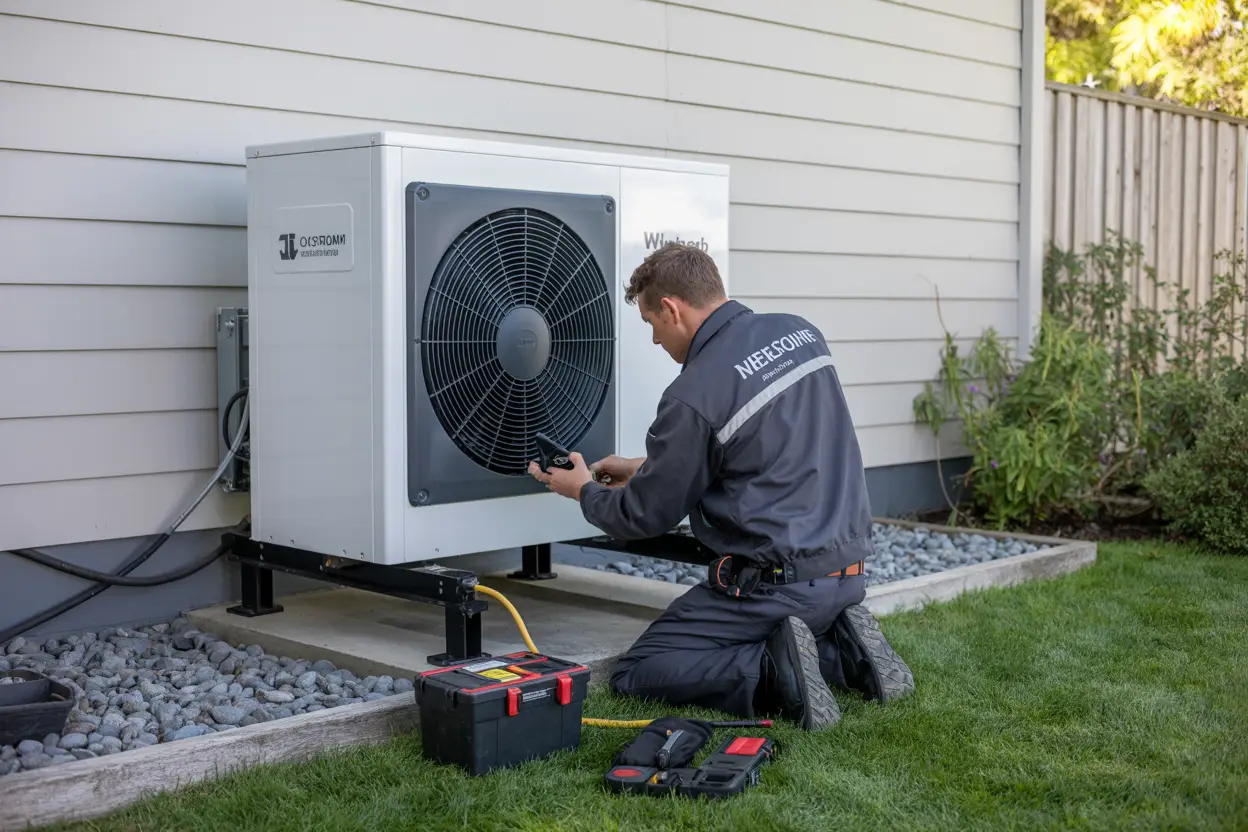 A technician working on a heat pump unit outside a suburban home in Wigram, Christchurch, with tools laid out nearby and no visible text on vehicles, equipment, or uniforms.