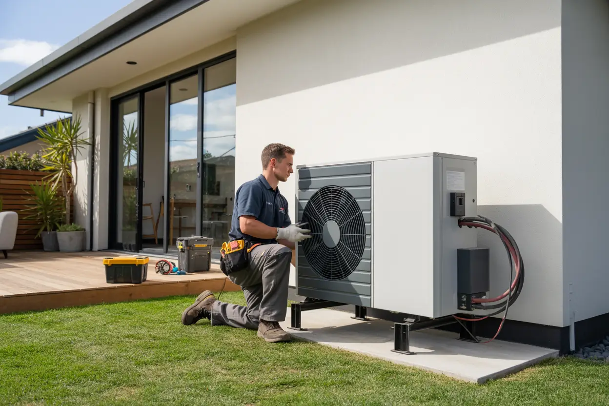 A technician installing a heat pump unit on the exterior wall of a modern home in Yaldhurst, Christchurch; tools and equipment are neatly arranged nearby.